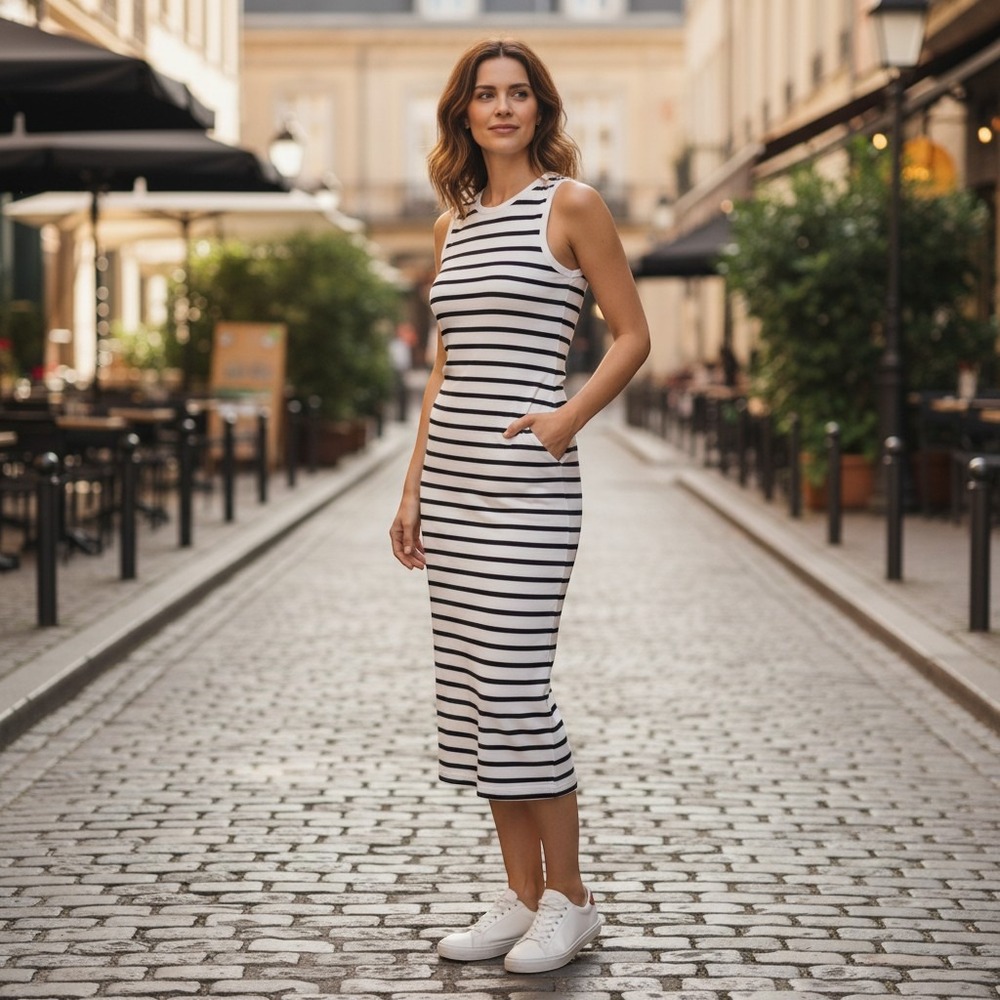 See You Monday Size S White Ribbed Striped Sleeveless Bodycon Midi Dress